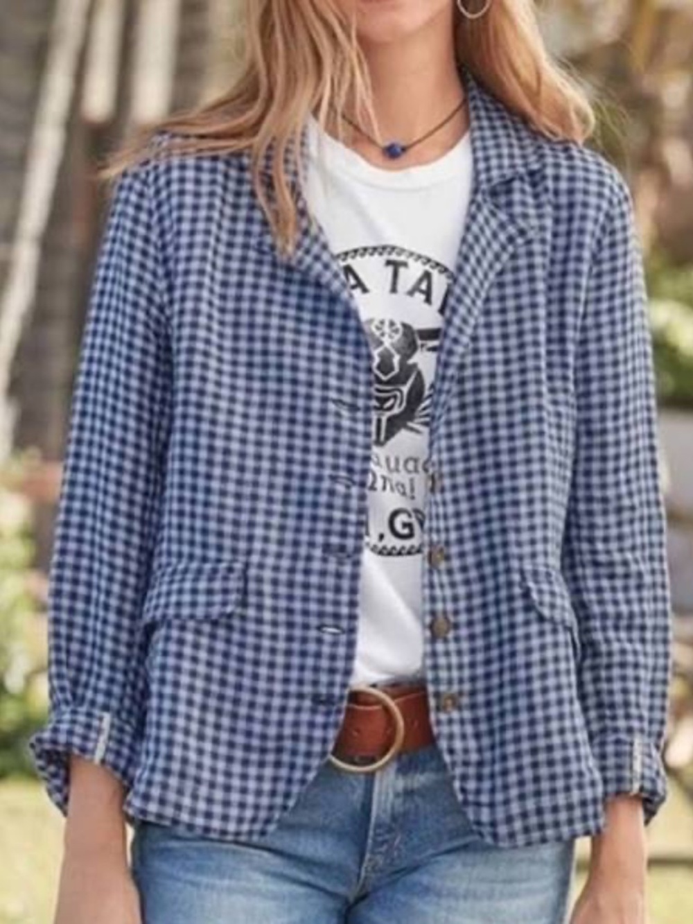 Sundance Ziri Linen Blue Gingham Check Button Front Blazer Jacket - L - Picture 13 of 13